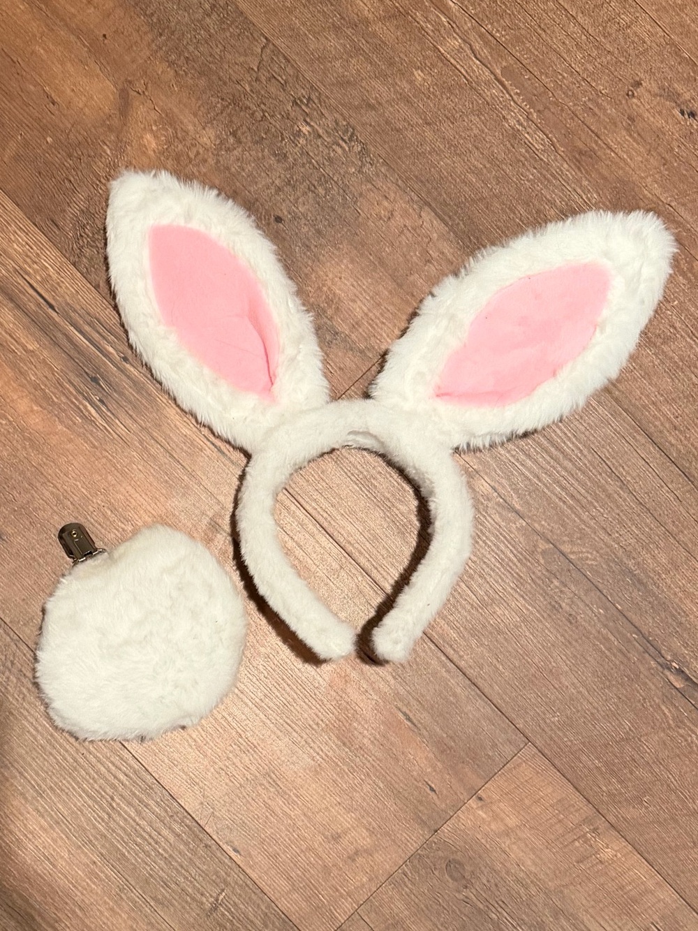 Plush Bunny Ears Headband and Tail Set - White and Pink